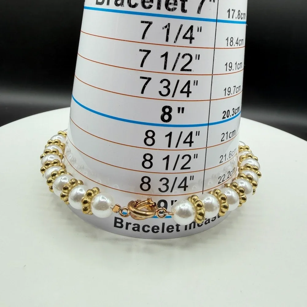Faux Pearl Bracelet Gold Tone Beaded Floral Spacer Spring Ring Clasp Classic